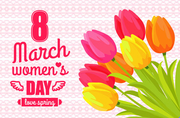 Banner for International Womens Day. Flyer for March 8 with tulips and different fonts. Template of spring holiday greeting card. Number 8 with ribbon text and bouquet of flowers on pink background