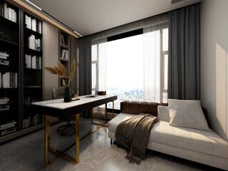 3D rendering, spacious modern residential study design