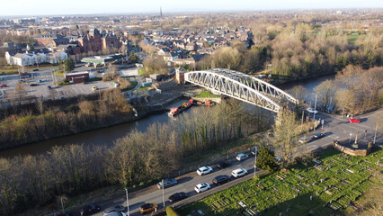 Aerial view of Swing bridge on the Manchester ship canal at London Road, Warrington, England