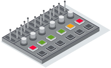 Electronic device, mixer designed to work with signals. Equipment for musician, sound specialist. Volume console to create music. Element of sound control. Audio controller vector illustration