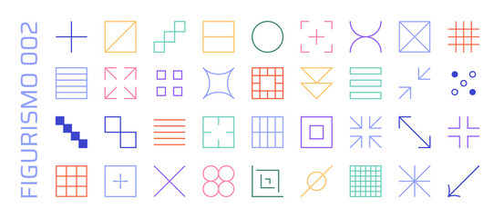 Set of vector abstract geometric linear icons of arrows and grids in memphis style, 