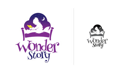 Silhouette little Girl ReadingBook in the Bedroom with moon background, suitable for Publishing logo company, Storybook logo, idea logo concept, negative image logo, etc.