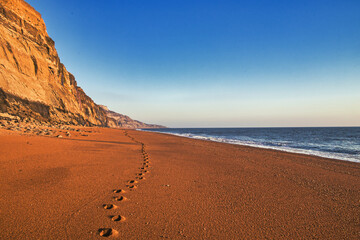 Beautiful view of footprints in the sand at the beach