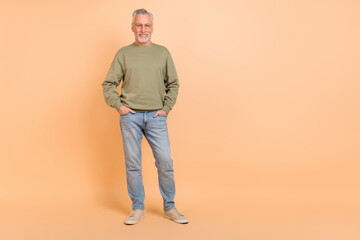 Full body photo of nice aged grey hairdo man stand wear eyewear pullover jeans shoes isolated on...