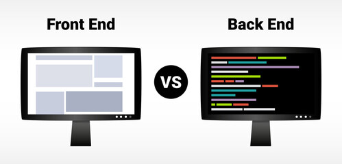 Front end vs back end, frontend vs backend – client-side and server-side. Web banner, web development, programming. Front end – visual interactive elements, Back end – a part that users cannot see.