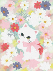 Cosmos flower sweet pastel art painting Acrylic color white cat pink ribbon digital clipart