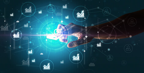 Businessman hand pressing stock graphic information on multitouch screen