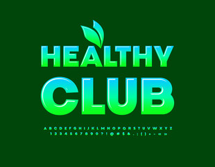 Vector concept template Healthy Club with decorative Leaves. Gradient Alphabet Letters, Numbers and Symbols. Modern style Font