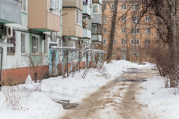 View of Khrushchyovka, common type of old low-cost apartment building in Russia and post-Soviet...