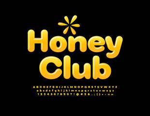 Vector sweet emblem Honey Club. Yellow shiny Font. Creative Alphabet Letters, Numbers and Symbols set