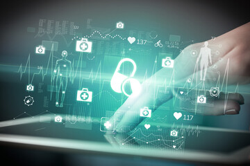 Close-up of a touchscreen with healthcare icons