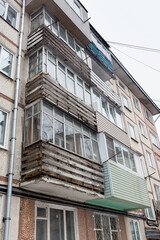 View of Khrushchyovka, common type of old low-cost apartment building in Russia and post-Soviet space. Kind of prefabricated buildings. Built in 1960s. Winter shot. Russia, Vladivostok.