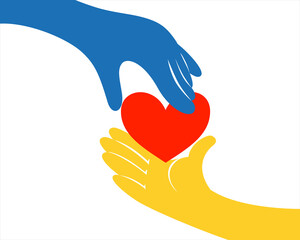 Close up of Blue hand giving a red heart to Yellow hand on white background. Pray for Ukraine. Vector illustration Concept of Praying, Donation, humanity campaign