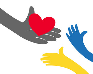 Close up of hand holding red heart and hands of children.Pray for Ukraine.Vector illustration on white background concept of Praying, Donation, humanity campaign