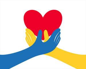 Blue and Yellow Hands holding a red heart. Pray For Ukraine. Save Ukraine from War. Vector illustration Concept of Donation, humanity campaign