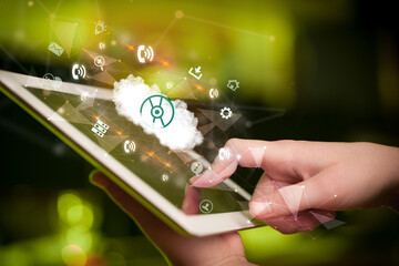 Close-up of a touchscreen with technology icons