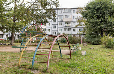 Courtyard of Khrushchyovka, common type of old low-cost apartment building in Russia and post-Soviet space. Kind of prefabricated buildings. Built in 1960s. Russia, Vladivostok.