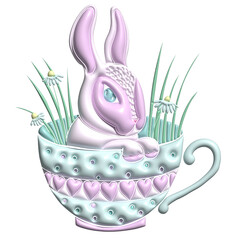  Cute easter bunny in the cup.Pastel purple and blue colors rabbit 3D illustration isolated on white backgroud. Happy easter greeting card..Suitable for nursery and post card design.