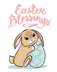 Bunny holding easter egg with floral ornament.Happy easter greeting card.Pastel colors rabbit vector illustration isolated on white backgroud. .Suitable for nursery adn post card design.