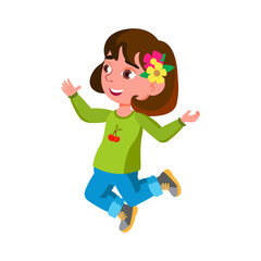 Jumping Happy Girl Child Enjoying Nature Vector. Caucasian Little Schoolgirl Running And Jumping On Park Meadow And Enjoy Life. Character With Positive Emotion Flat Cartoon Illustration