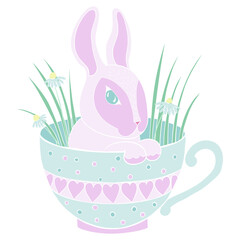 Happy easter greeting card.Cute easter bunny in the cup. Pastel pink and blue colors rabbit vector illustration isolated on white backgroud. .Suitable for nursery adn post card design.