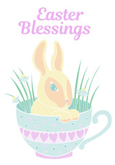  Pastel yellow and blue colors rabbit vector illustration isolated on white backgroud. Happy easter greeting card.Cute easter bunny in the cup..Suitable for nursery and post card design.