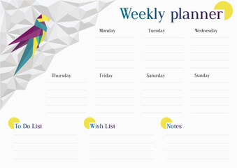 Weekly planner with white polygons and a colorful parrot. Vector illustration.