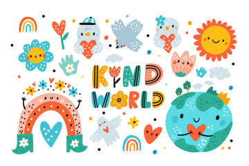Cute summer collection with earth planet, pigeon, lovely birds, rainbow and flowers. Earth day celebration. Children design elements with cute kind sticker characters. Cartoon vector illustration