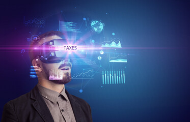 Businessman looking through Virtual Reality glasses
