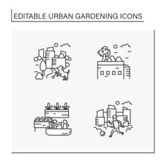Urban gardening line icons set. Modern landscape. Free parkland for relaxation. Earth day concept. Isolated vector illustrations. Editable stroke