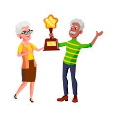 Old Man And Woman Couple Won Trophy Award Vector. Elderly African Grandfather And Caucasian Grandmother Winning Golden Cup Trophy Reward In Star Form. Characters Flat Cartoon Illustration