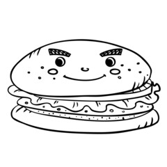 Fast food burger with cutlet, pmidor and salad. Vector in doodle style