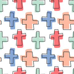 Fototapeta na wymiar Seamless background with multi-colored crosses in linear style. Vector illustration