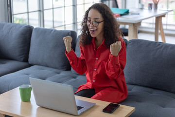 young freelance woman sitting on sofa at home smile and rejoice at success while using his laptop