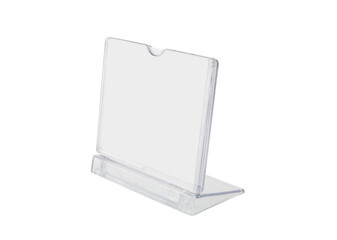 Transparent desk display isolated on white background. Advertising  stand banner with copy space for text. Mock up template.