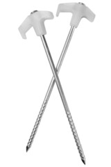 two steel pegs for a tent, with a plastic hook for a rope, on a white background