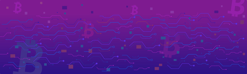 Blue and pink bitcoin sign under circuit technology concept on violet and blue background. horizontal  particle and line digital, electronic abstract.
