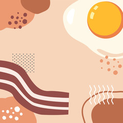 Breakfast background with bacon, fried egg decorating with wavy lines, dots and abstract shapes. Good morning vibes. Enjoy meals lifestyle. Background for posting emotion on social media.