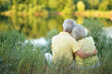 Naklejka na ściany i meble Beautiful senior couple hugging in the park, back view