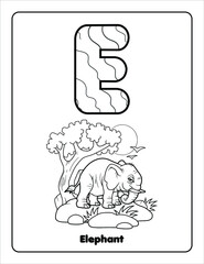 Black and white Letter E for Elephant Coloring pages for preschool kids. Cute cartoon coloring book pages. Learn English alphabets words for children. Vector outline illustration.