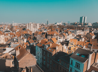 Beautiful view of the tiled red roofs of Brussels. Quiet residential area