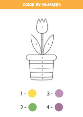 Color cartoon flower in pot by numbers. Worksheet for kids.