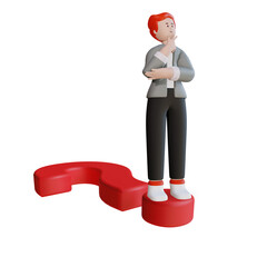 Young businessman style thinking with big red question mark behind 3D rendering
