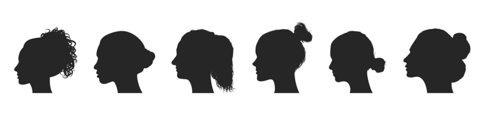 Women and girls face silhouette profiles isolated on white background. Female social network community, haircut, beauty, talk, friendship, speak or share information concept. Vector illustration