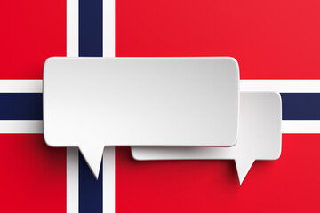 Social media notification icons, white bubble speech on the background of the flag of Norway. 3D rendering