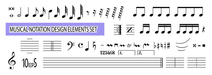 Musical note icon, musical notation, music symbols and signs, set. Vector illustration