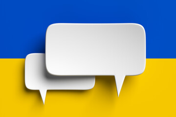 Social media notification icons, white bubble speech on the background of the flag of Ukraine. 3D rendering