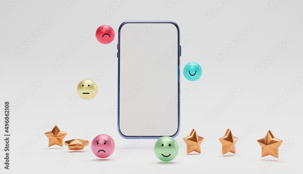 Poster Realistic emotion face with golden stars on smartphone for customer or client evaluate after use product and service by use telephone application. 3d render technique.