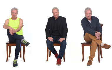 front view of same men with various outfits siitng on chair on white background