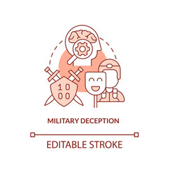 Military deception red concept icon. Mislead adversary. Information operations abstract idea thin line illustration. Isolated outline drawing. Editable stroke. Arial, Myriad Pro-Bold fonts used